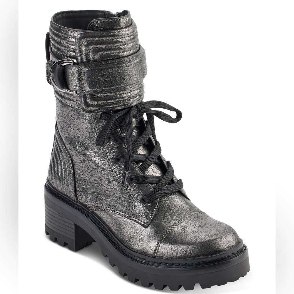 DKNY Women's leather Basia Buckled Quilted Lug Sole Combat
Boots NWT